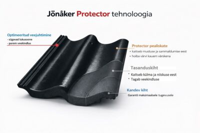 Jönåker Protector betoonkatusekivi läbilõige ja pinnakatte kihid