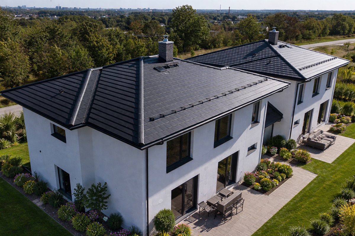 Tegalit betoonkivist kivikatus kaasaegsel paarismajal.